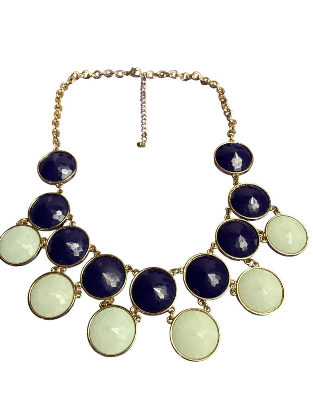Navy Blue Mint Green Plastic Rhinestone Bib Necklace Goldtone 16-19 inches Long